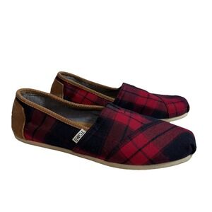 TOMS Red & Black Buffalo Check Slip on Canvas Shoes Tan Corduroy Trim Size 10